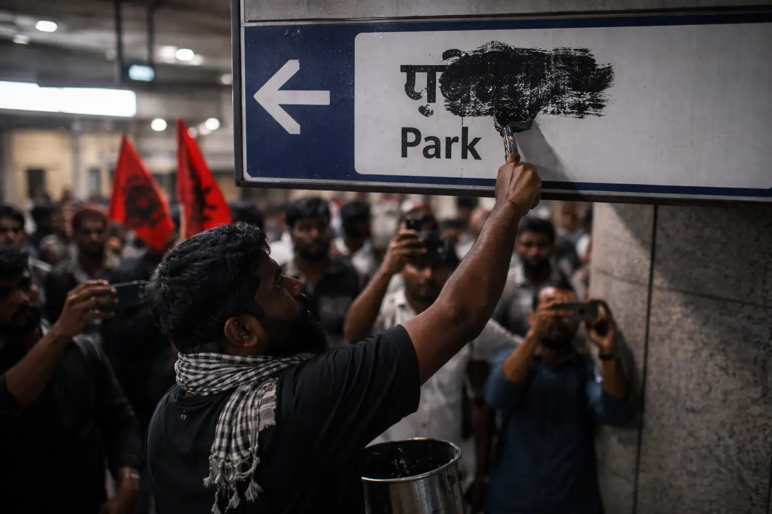When Black Paint Becomes Resistance: May 17 Movement Members Strike Chennai Metro Over Hindi Imposition 1 When Black Paint Becomes Resistance: May 17 Movement Members Strike Chennai Metro Over Hindi Imposition